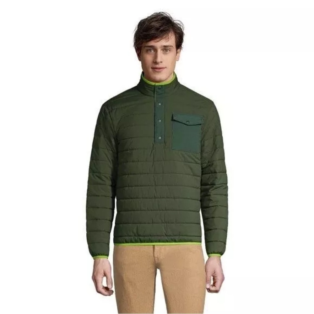 Lands End Mens Evergreen Quilted Quarter Snap Neck Pullover Jacket